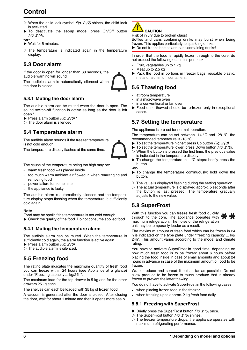 3door alarm, 1muting the door alarm, 4temperature alarm | 1muting the temperature alarm, 5freezing food, 6thawing food, 7setting the temperature, 8superfrost, 1freezing with superfrost, Control | Liebherr IGN 2556 Premium NoFrost User Manual | Page 6 / 10