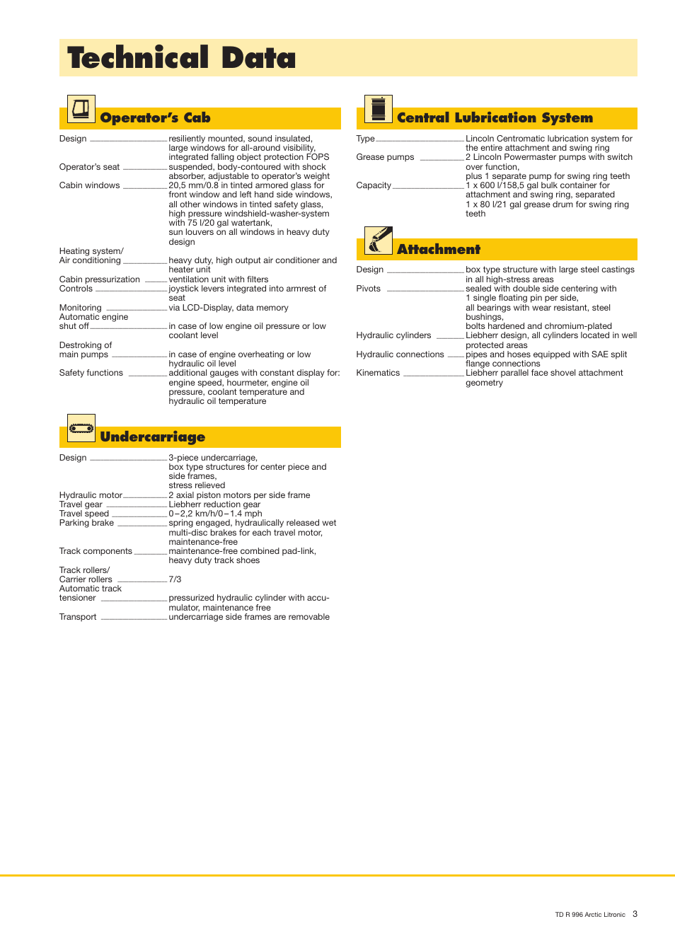 Technical data, Operator’s cab, Undercarriage | Attachment, Central lubrication system | Liebherr R 996 B User Manual | Page 3 / 10