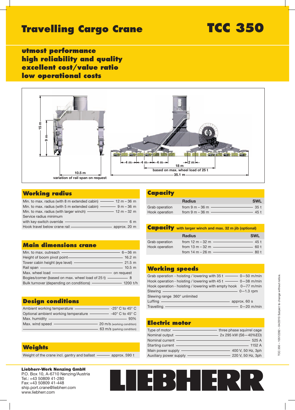 Tcc 350, Travelling cargo crane, Main dimensions crane | Working speeds, Electric motor, Design conditions, Weights, Capacity, Working radius | Liebherr TCC - Travelling Cargo Crane User Manual | Page 2 / 2
