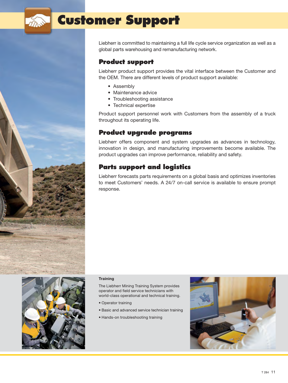 Customer support, Product support, Product upgrade programs | Parts support and logistics | Liebherr T 284 User Manual | Page 11 / 24