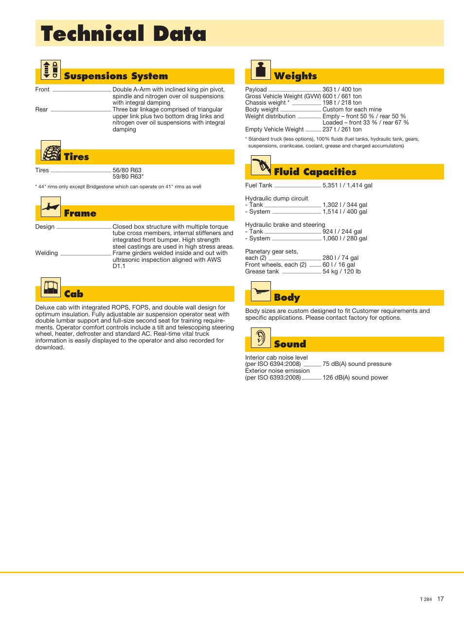 Technical data, Suspensions system, Weights | Tires, Fluid capacities, Frame, Body, Sound | Liebherr T 284 User Manual | Page 17 / 24
