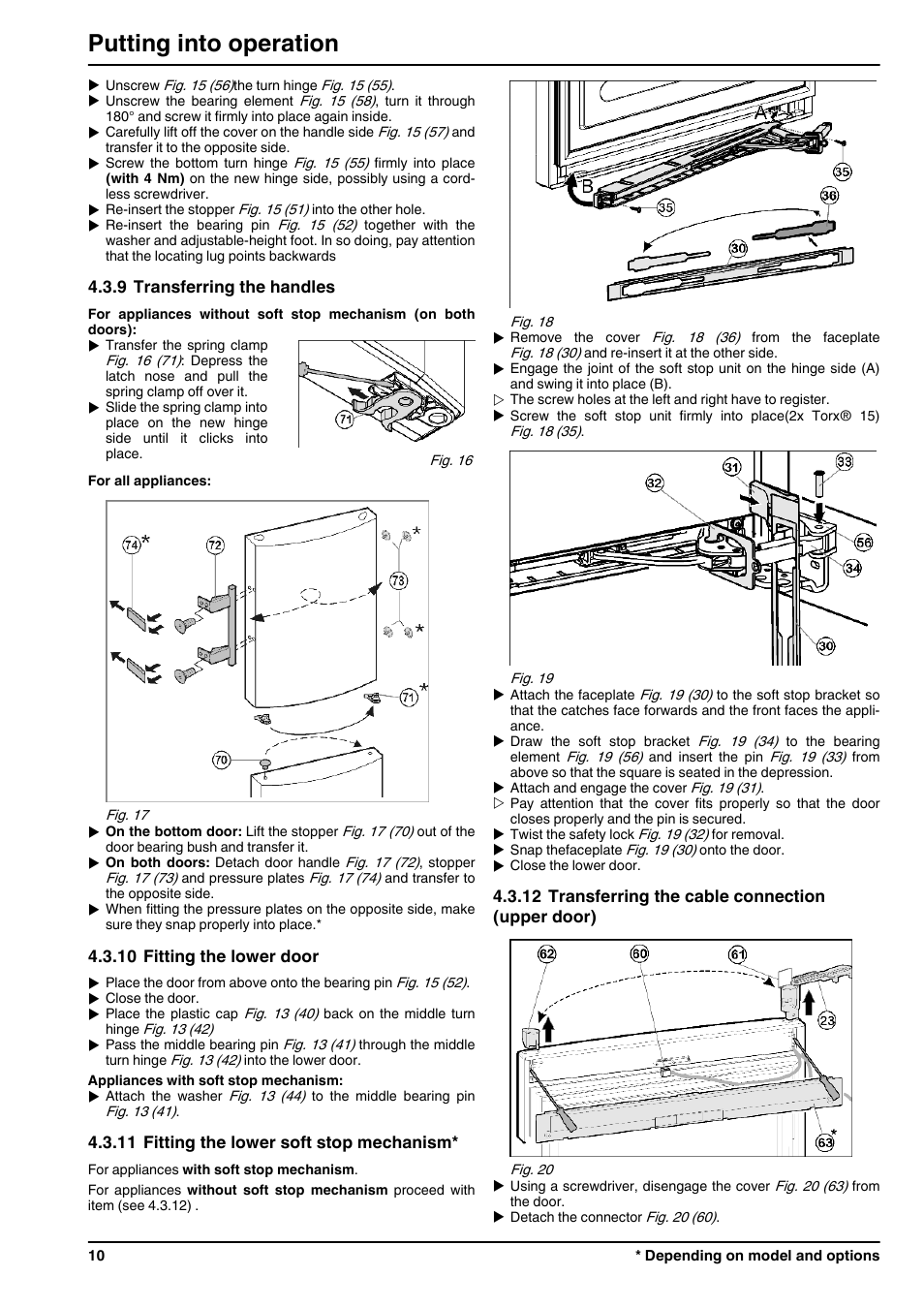 9transferring the handles, 10fitting the lower door, 11fitting the lower soft stop mechanism | 12transferring the cable connection (upper door), Putting into operation | Liebherr CBNPes 3967 PremiumPlus BioFresh NoFrost User Manual | Page 10 / 26