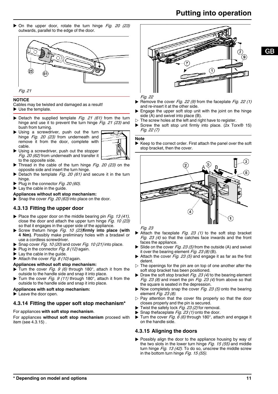 13fitting the upper door, 14fitting the upper soft stop mechanism, 15aligning the doors | Putting into operation | Liebherr CBNPes 3967 PremiumPlus BioFresh NoFrost User Manual | Page 11 / 26