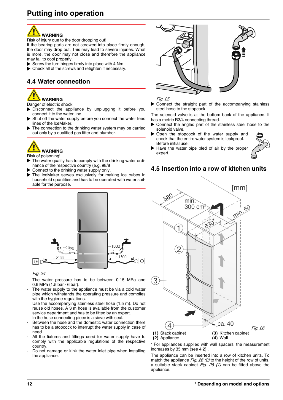 4water connection, 5insertion into a row of kitchen units, Putting into operation | 4 water connection, 5 insertion into a row of kitchen units | Liebherr CBNPes 3967 PremiumPlus BioFresh NoFrost User Manual | Page 12 / 26