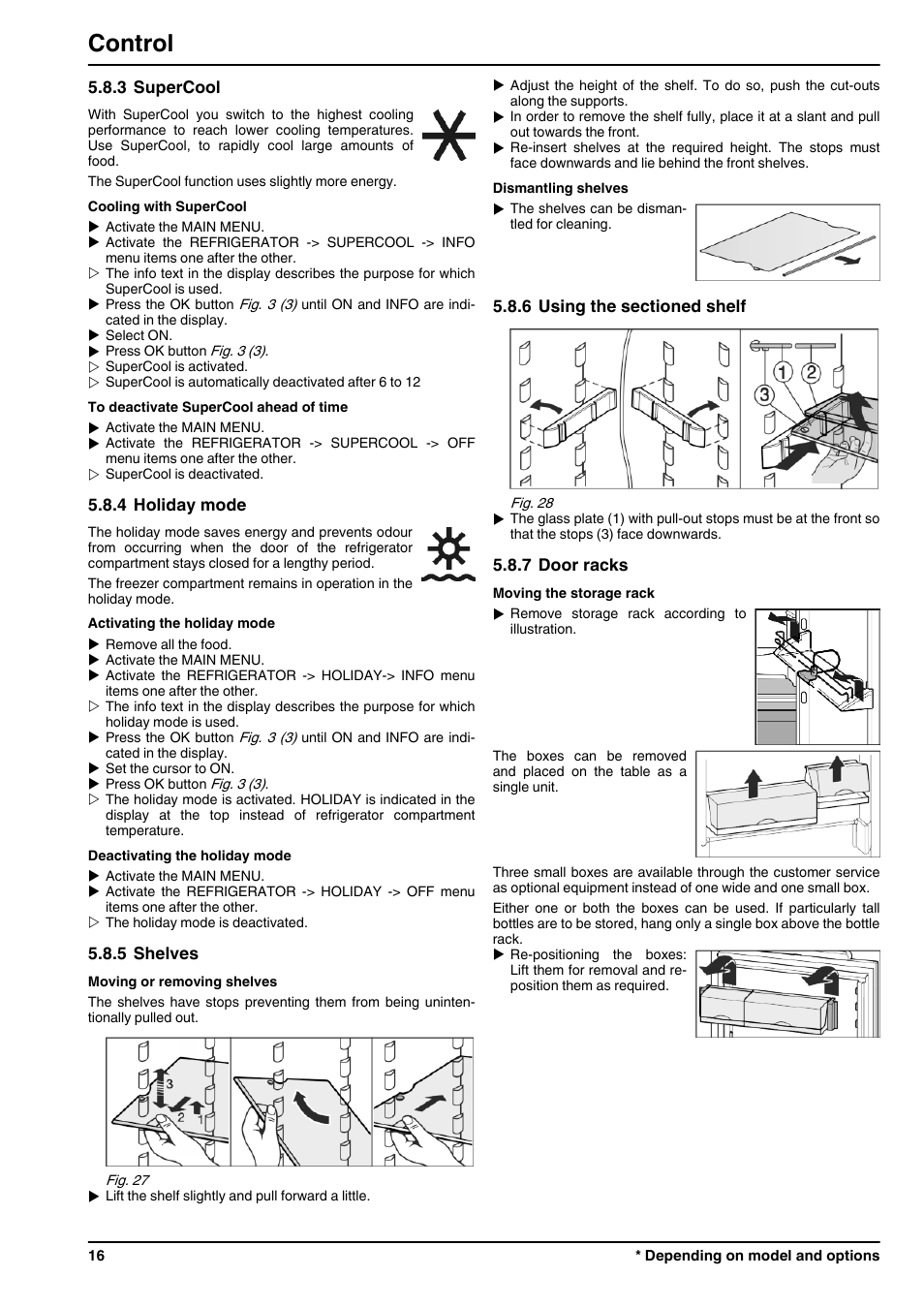 3supercool, 4holiday mode, 5shelves | 6using the sectioned shelf, 7door racks, Control | Liebherr CBNPes 3967 PremiumPlus BioFresh NoFrost User Manual | Page 16 / 26