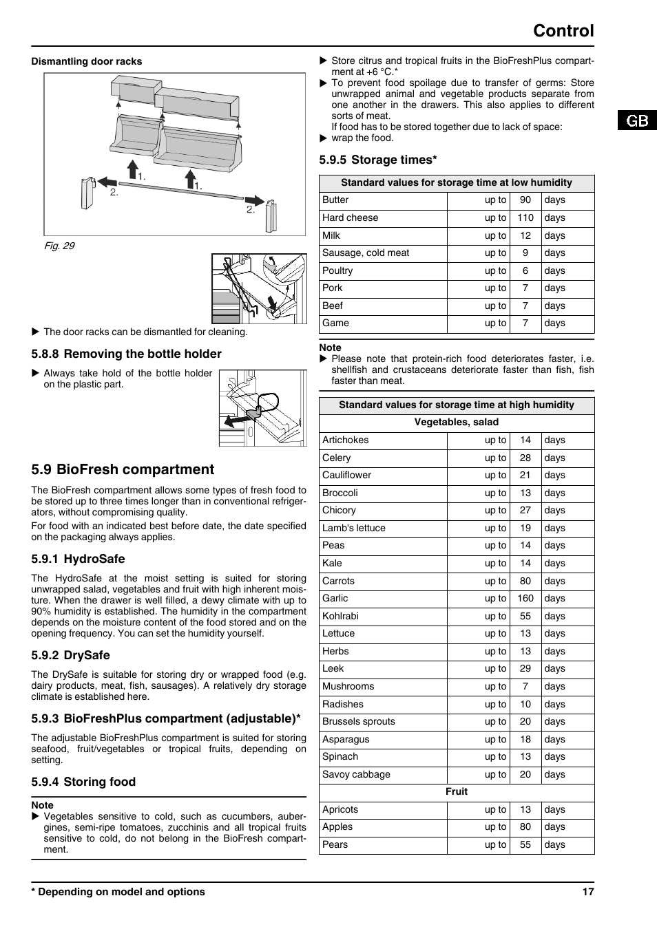 8removing the bottle holder, 9biofresh compartment, 1hydrosafe | 2drysafe, 3biofreshplus compartment (adjustable), 4storing food, 5storage times, Control, 9 biofresh compartment | Liebherr CBNPes 3967 PremiumPlus BioFresh NoFrost User Manual | Page 17 / 26