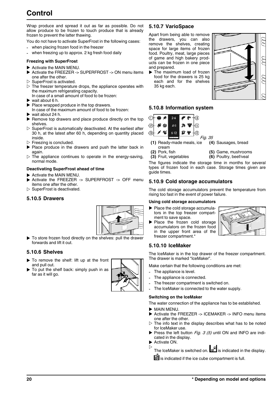 5drawers, 6shelves, 7variospace | 8information system, 9cold storage accumulators, 10icemaker, Control | Liebherr CBNPes 3967 PremiumPlus BioFresh NoFrost User Manual | Page 20 / 26