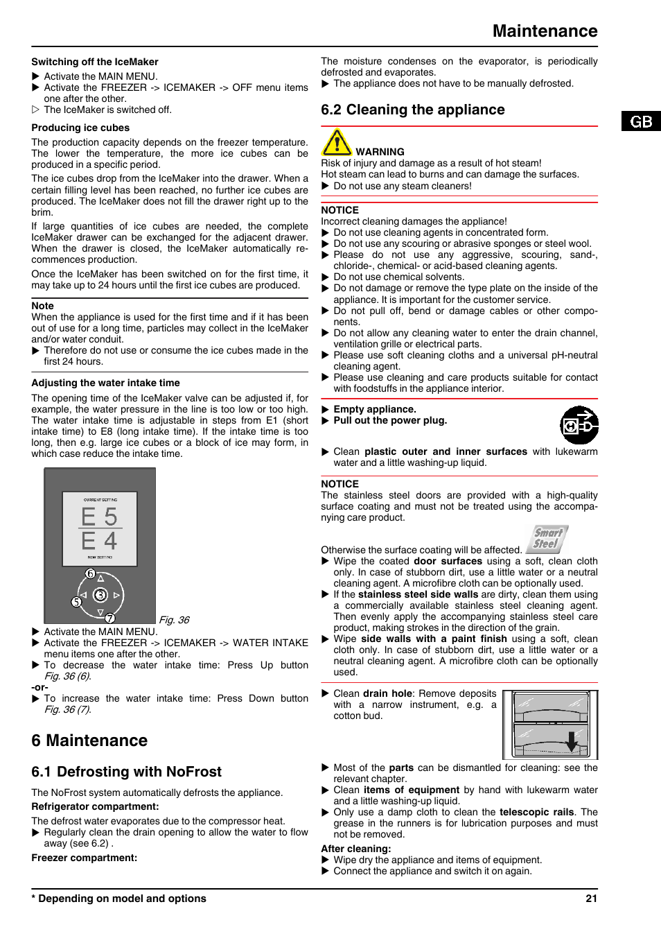 6maintenance, 1defrosting with nofrost, 2cleaning the appliance | 6 maintenance, Maintenance, 1 defrosting with nofrost, 2 cleaning the appliance | Liebherr CBNPes 3967 PremiumPlus BioFresh NoFrost User Manual | Page 21 / 26