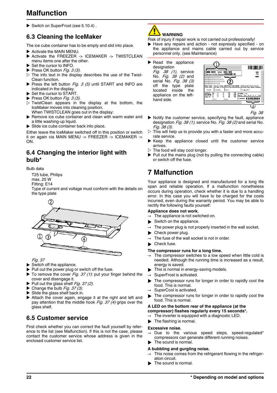 3cleaning the icemaker, 4changing the interior light with bulb, 5customer service | 7malfunction, 7 malfunction, Malfunction, 3 cleaning the icemaker, 4 changing the interior light with bulb, 5 customer service | Liebherr CBNPes 3967 PremiumPlus BioFresh NoFrost User Manual | Page 22 / 26