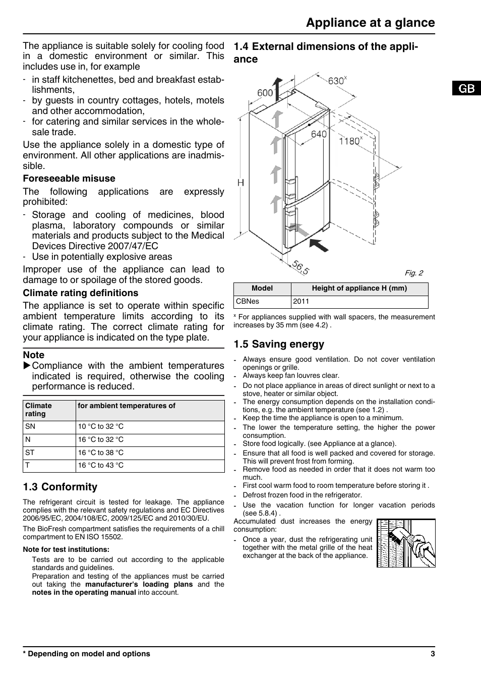 3conformity, 4external dimensions of the appliance, 5saving energy | Appliance at a glance, 3 conformity, 4 external dimensions of the appli- ance, 5 saving energy | Liebherr CBNPes 3967 PremiumPlus BioFresh NoFrost User Manual | Page 3 / 26