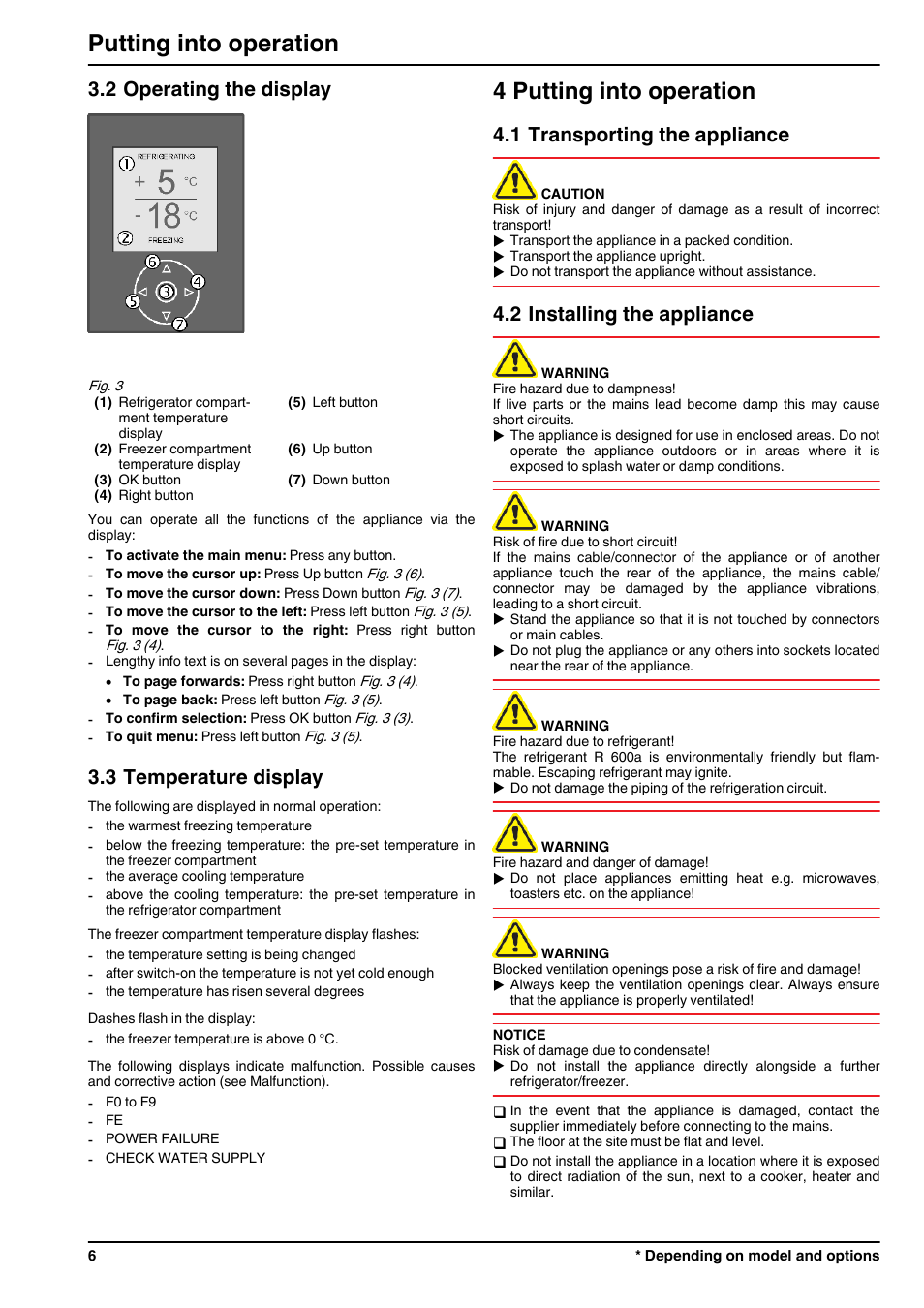 2operating the display, 3temperature display, 4putting into operation | 1transporting the appliance, 2installing the appliance, 4 putting into operation, Putting into operation, 2 operating the display, 3 temperature display, 1 transporting the appliance | Liebherr CBNPes 3967 PremiumPlus BioFresh NoFrost User Manual | Page 6 / 26