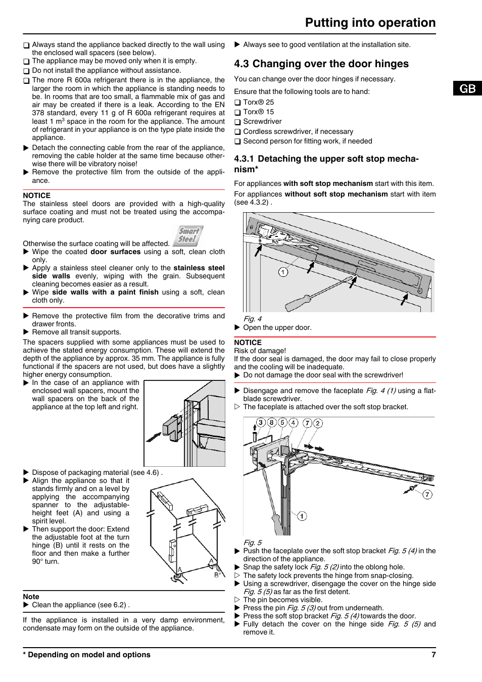 3changing over the door hinges, 1detaching the upper soft stop mechanism, Putting into operation | 3 changing over the door hinges | Liebherr CBNPes 3967 PremiumPlus BioFresh NoFrost User Manual | Page 7 / 26