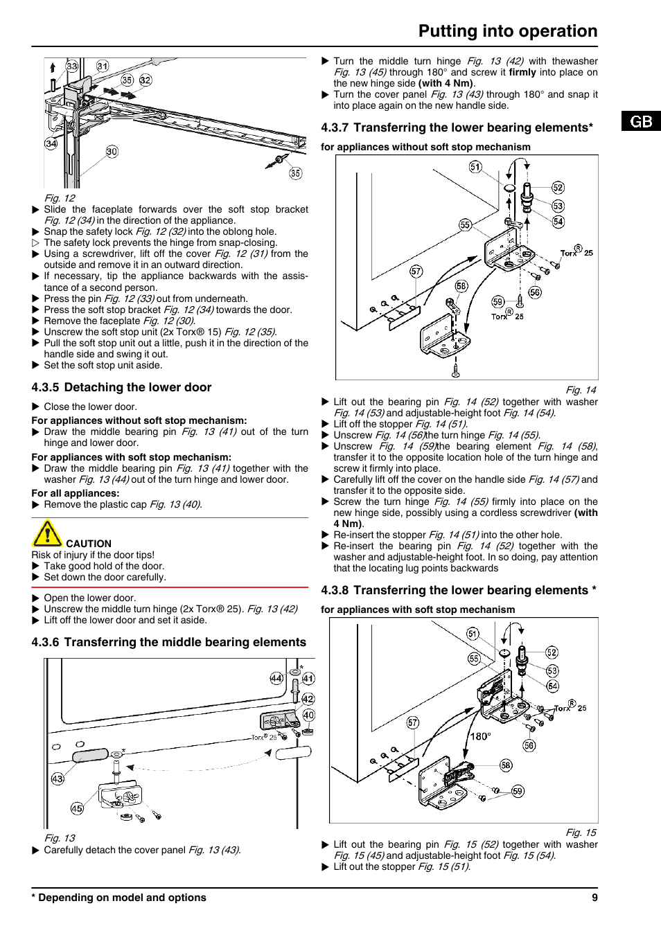5detaching the lower door, 6transferring the middle bearing elements, 7transferring the lower bearing elements | 8transferring the lower bearing elements, Putting into operation | Liebherr CBNPes 3967 PremiumPlus BioFresh NoFrost User Manual | Page 9 / 26