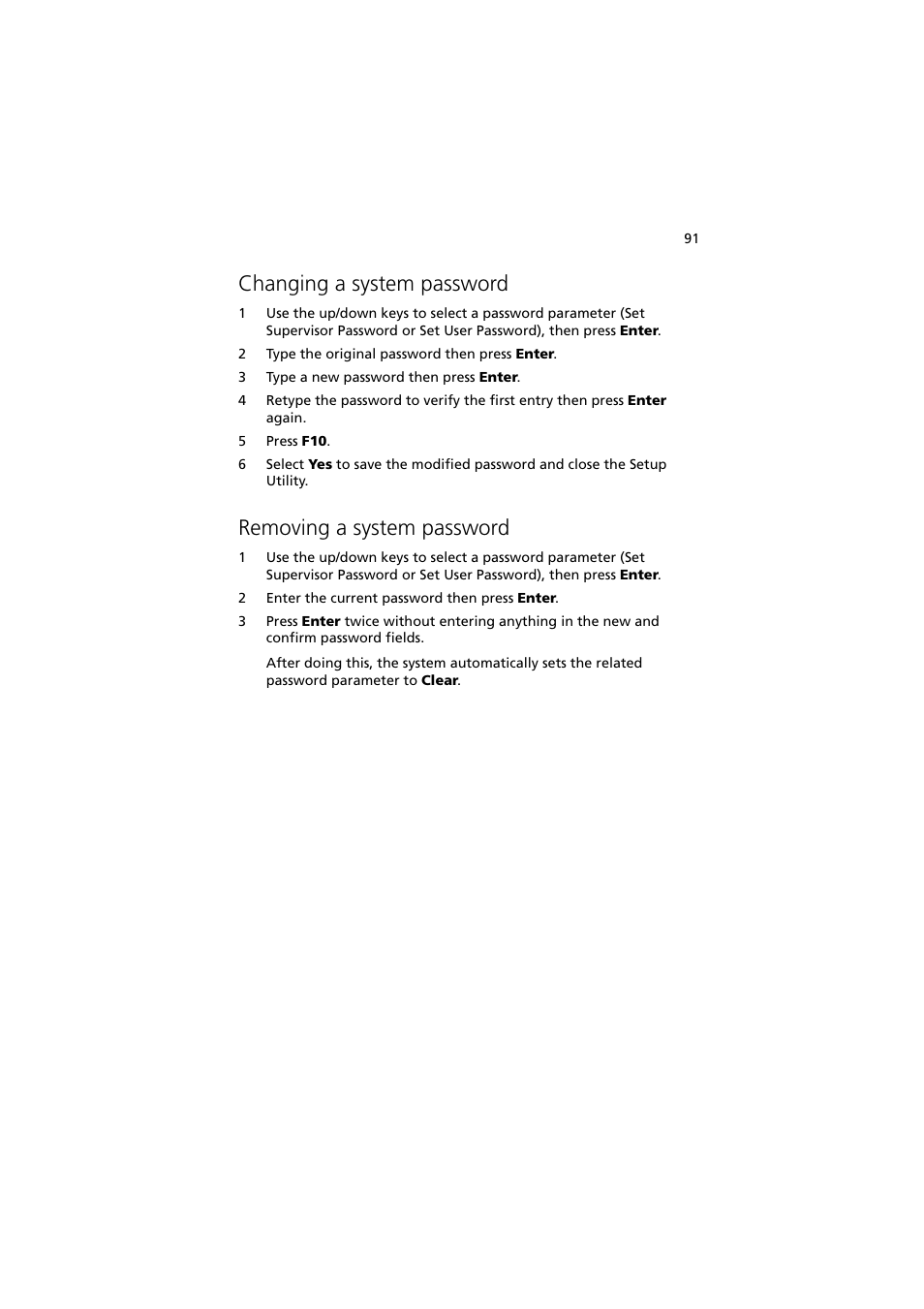 Changing a system password, Removing a system password | Acer Altos G540 Series User Manual | Page 101 / 146