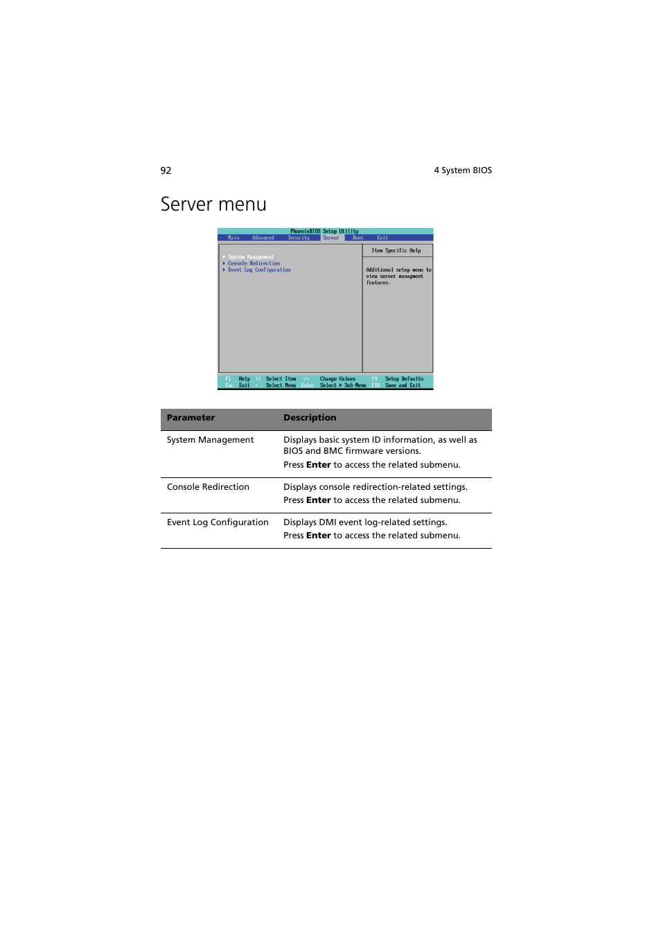 Server menu | Acer Altos G540 Series User Manual | Page 102 / 146