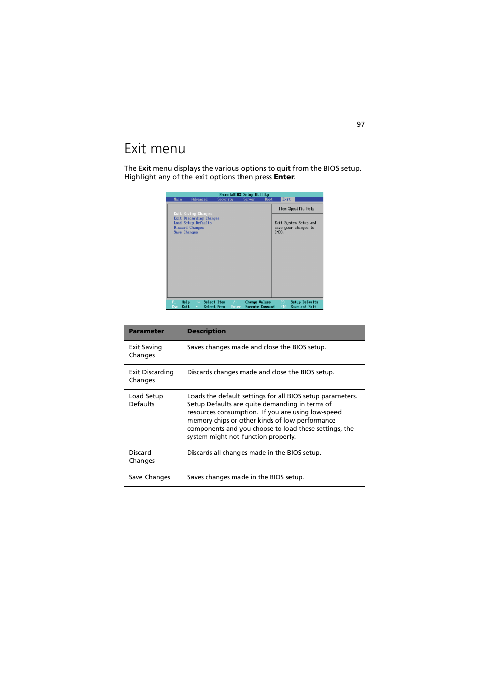 Exit menu | Acer Altos G540 Series User Manual | Page 107 / 146