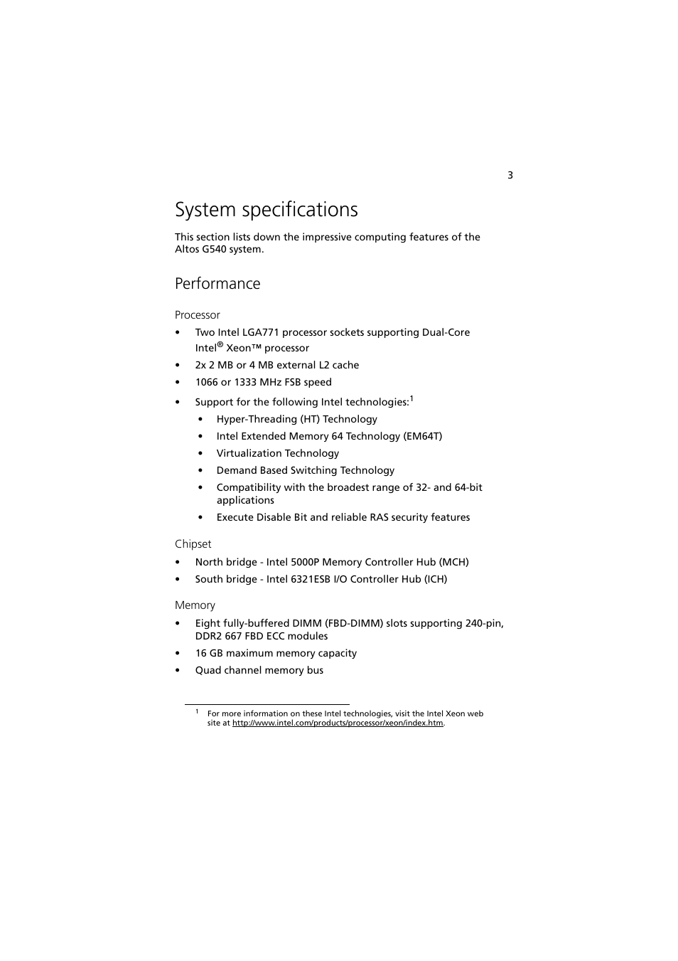 System specifications, Performance | Acer Altos G540 Series User Manual | Page 13 / 146