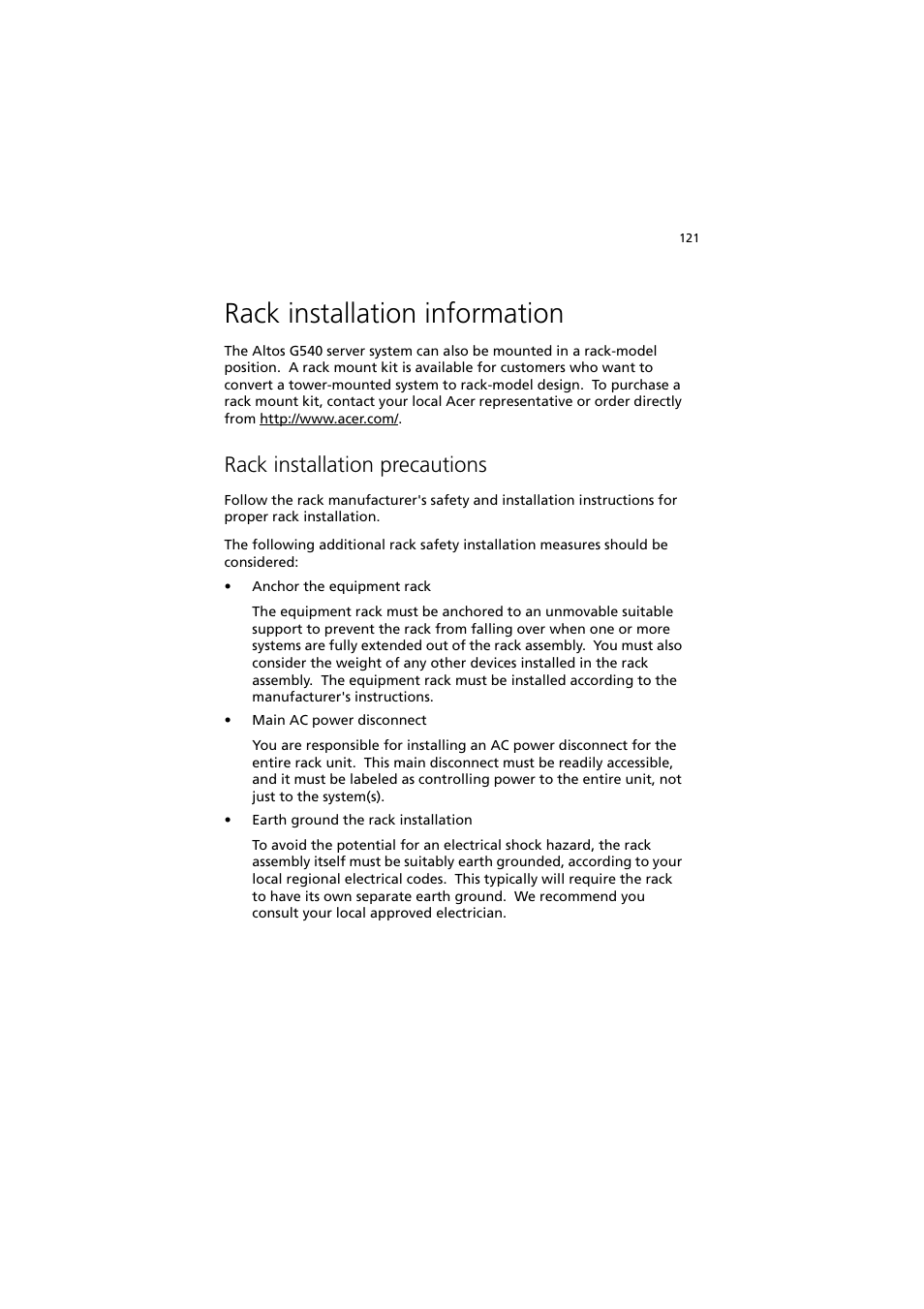 Rack installation information, Rack installation precautions | Acer Altos G540 Series User Manual | Page 131 / 146