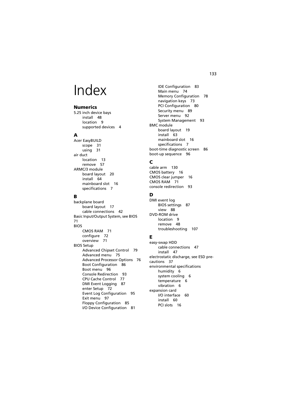 Index, Index 133 | Acer Altos G540 Series User Manual | Page 143 / 146
