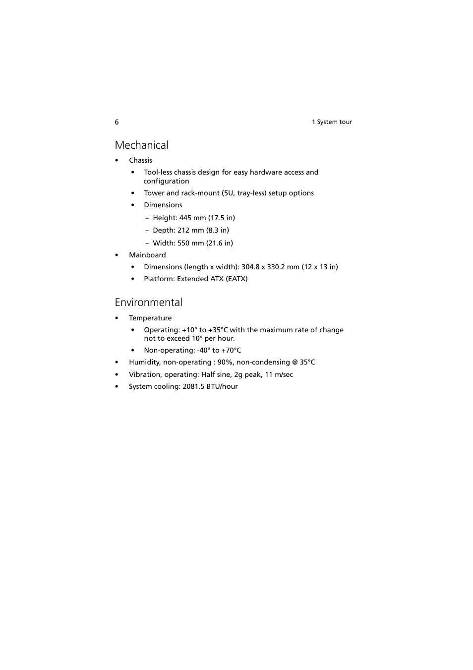 Mechanical, Environmental, Mechanical 6 environmental 6 | Acer Altos G540 Series User Manual | Page 16 / 146