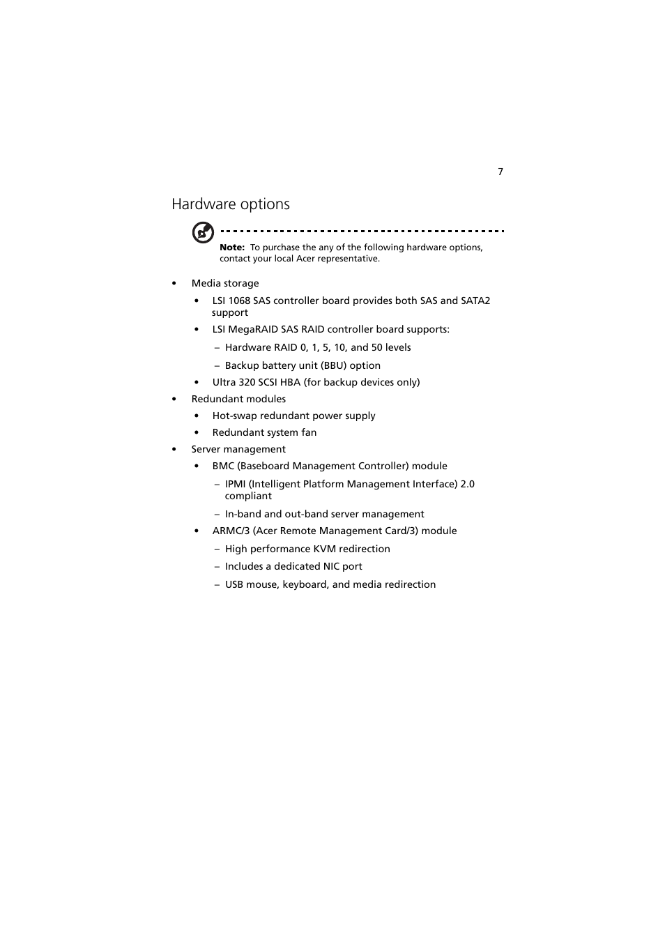 Hardware options | Acer Altos G540 Series User Manual | Page 17 / 146
