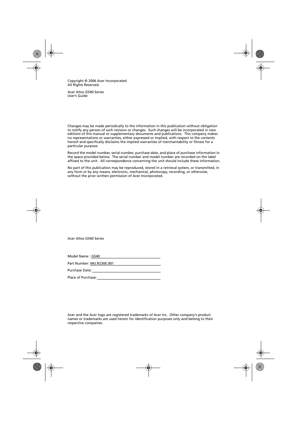 Acer Altos G540 Series User Manual | Page 2 / 146