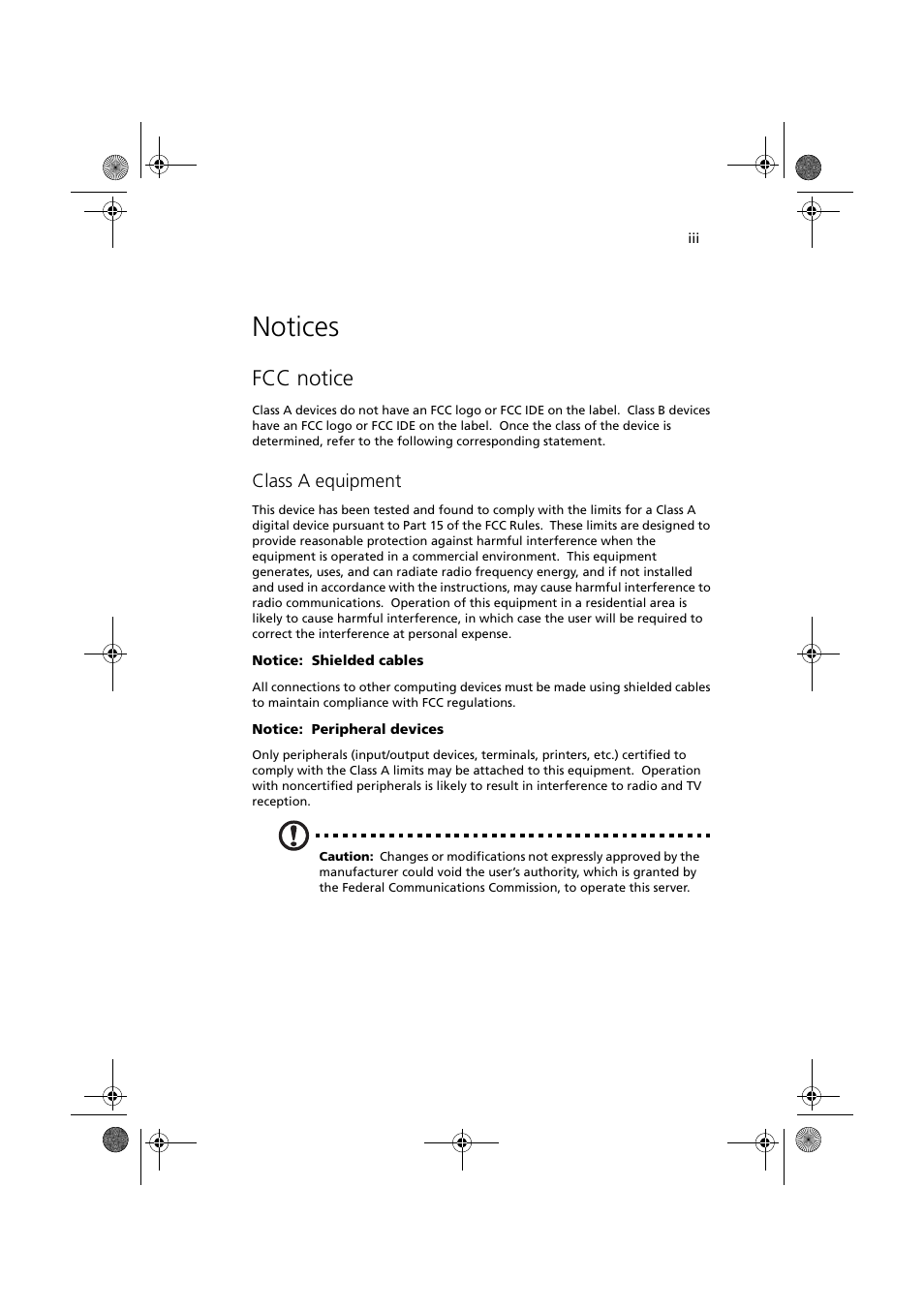 Notices, Fcc notice, Class a equipment | Acer Altos G540 Series User Manual | Page 3 / 146