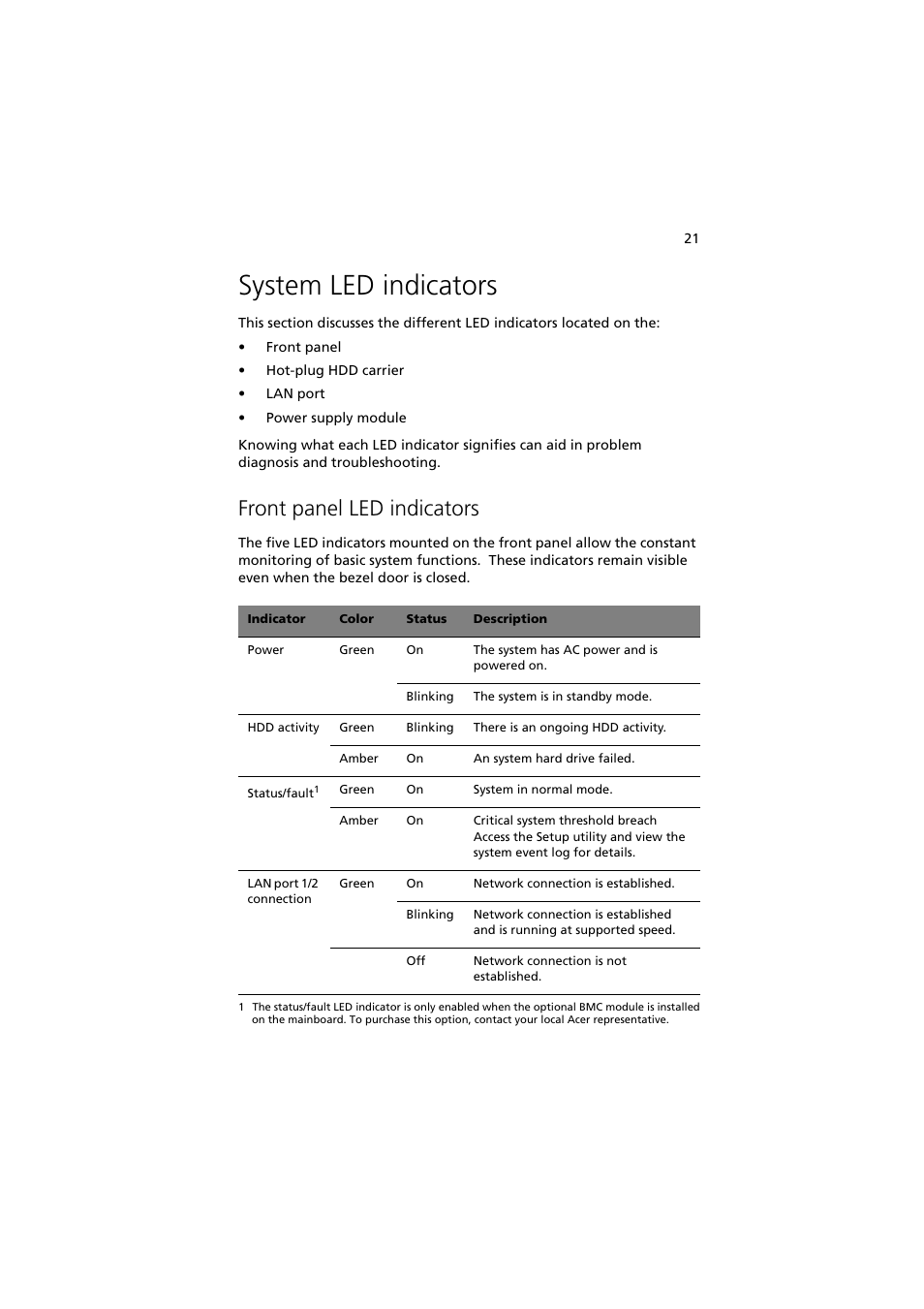 System led indicators, Front panel led indicators | Acer Altos G540 Series User Manual | Page 31 / 146
