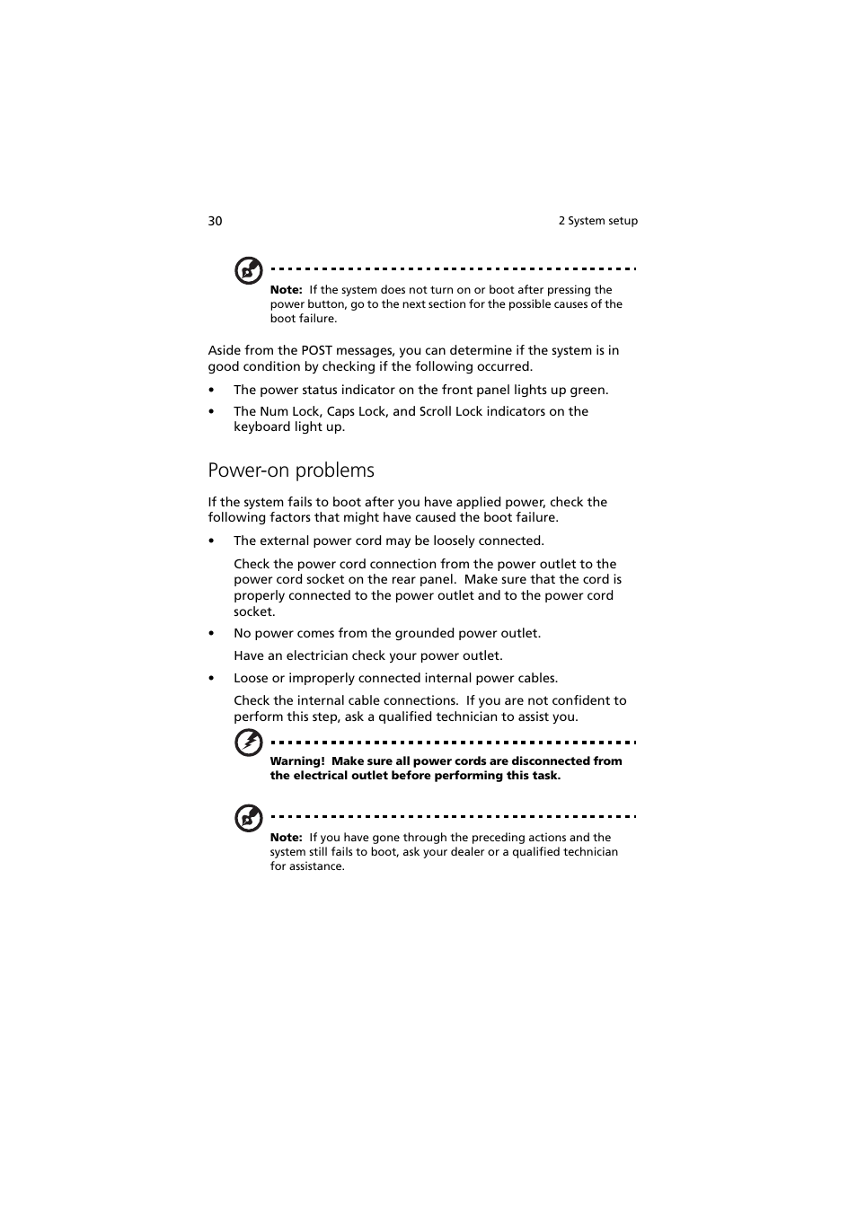 Power-on problems | Acer Altos G540 Series User Manual | Page 40 / 146