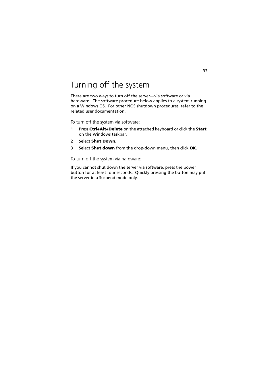 Turning off the system | Acer Altos G540 Series User Manual | Page 43 / 146