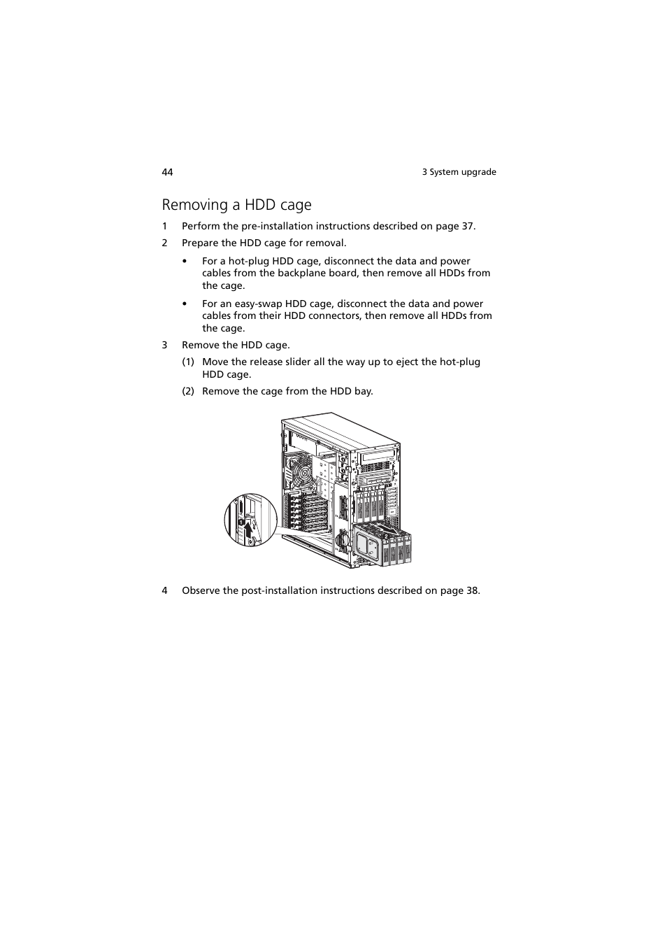 Removing a hdd cage | Acer Altos G540 Series User Manual | Page 54 / 146