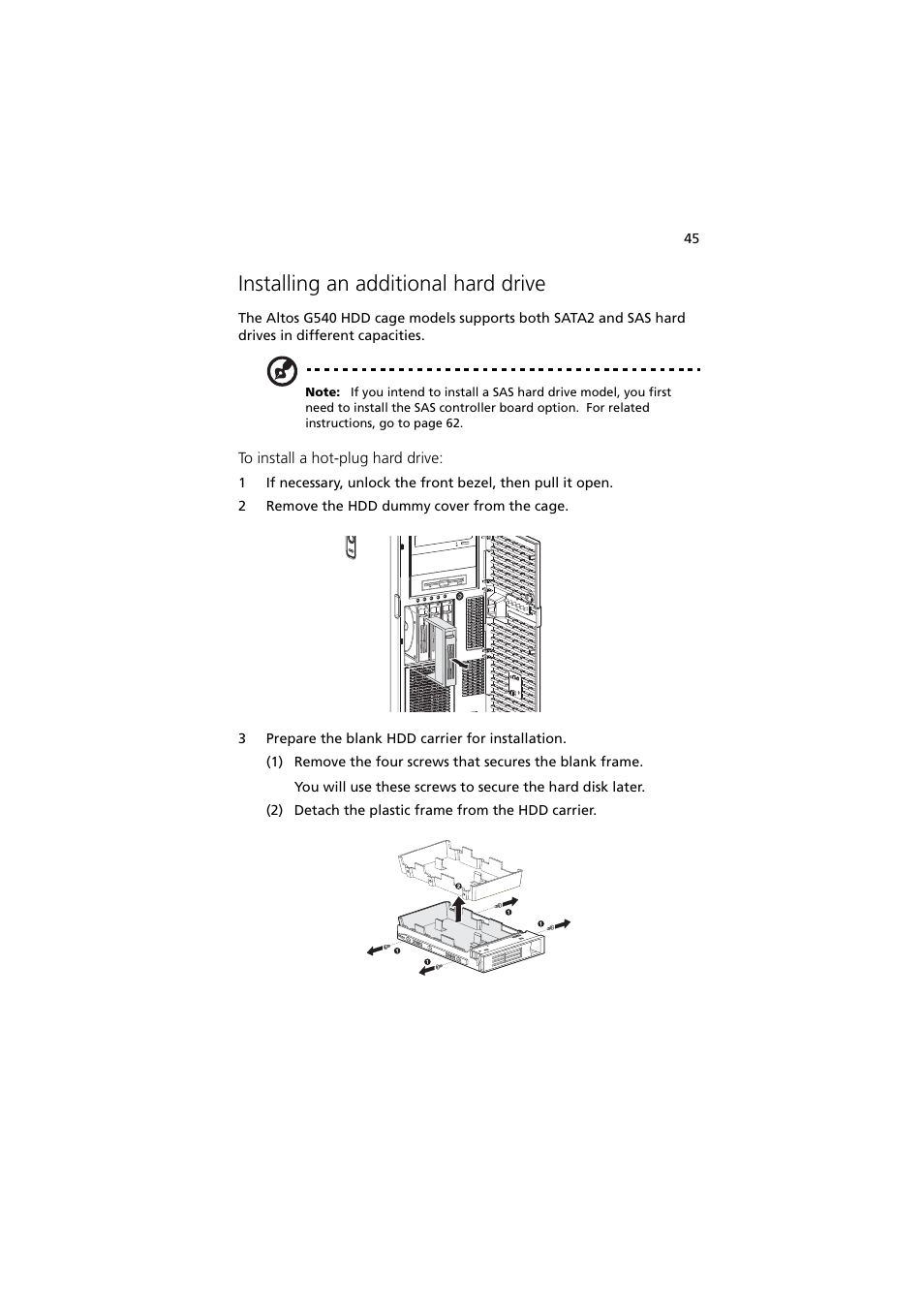 Installing an additional hard drive | Acer Altos G540 Series User Manual | Page 55 / 146