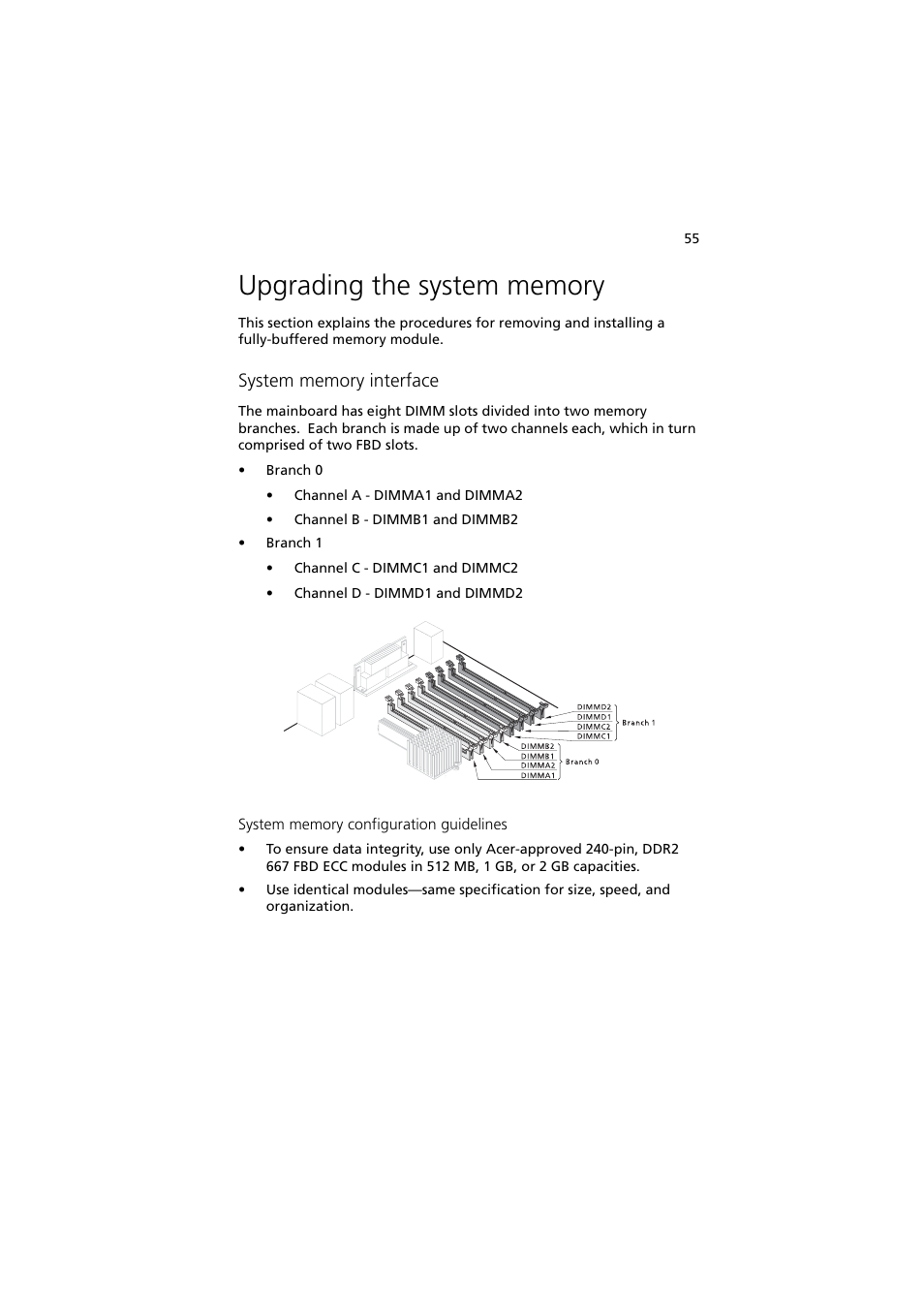 Upgrading the system memory | Acer Altos G540 Series User Manual | Page 65 / 146