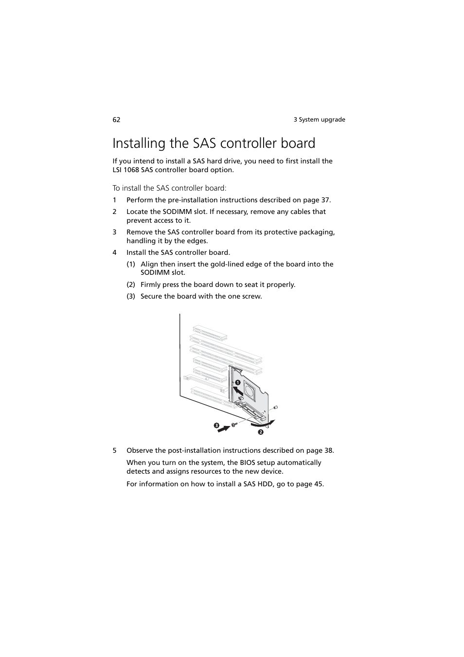 Installing the sas controller board | Acer Altos G540 Series User Manual | Page 72 / 146