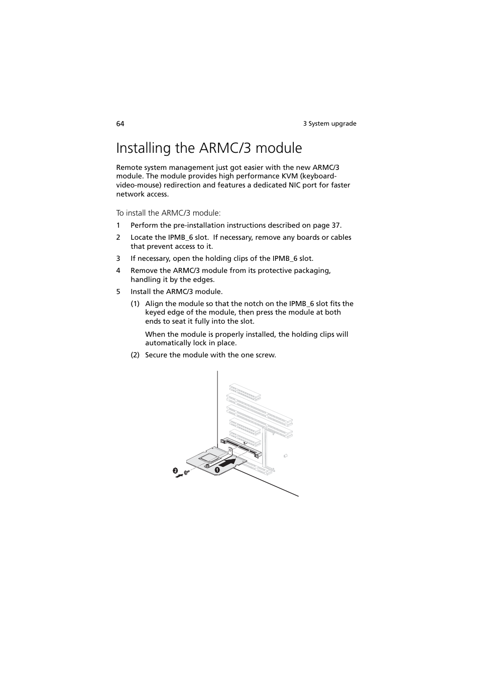 Installing the armc/3 module | Acer Altos G540 Series User Manual | Page 74 / 146