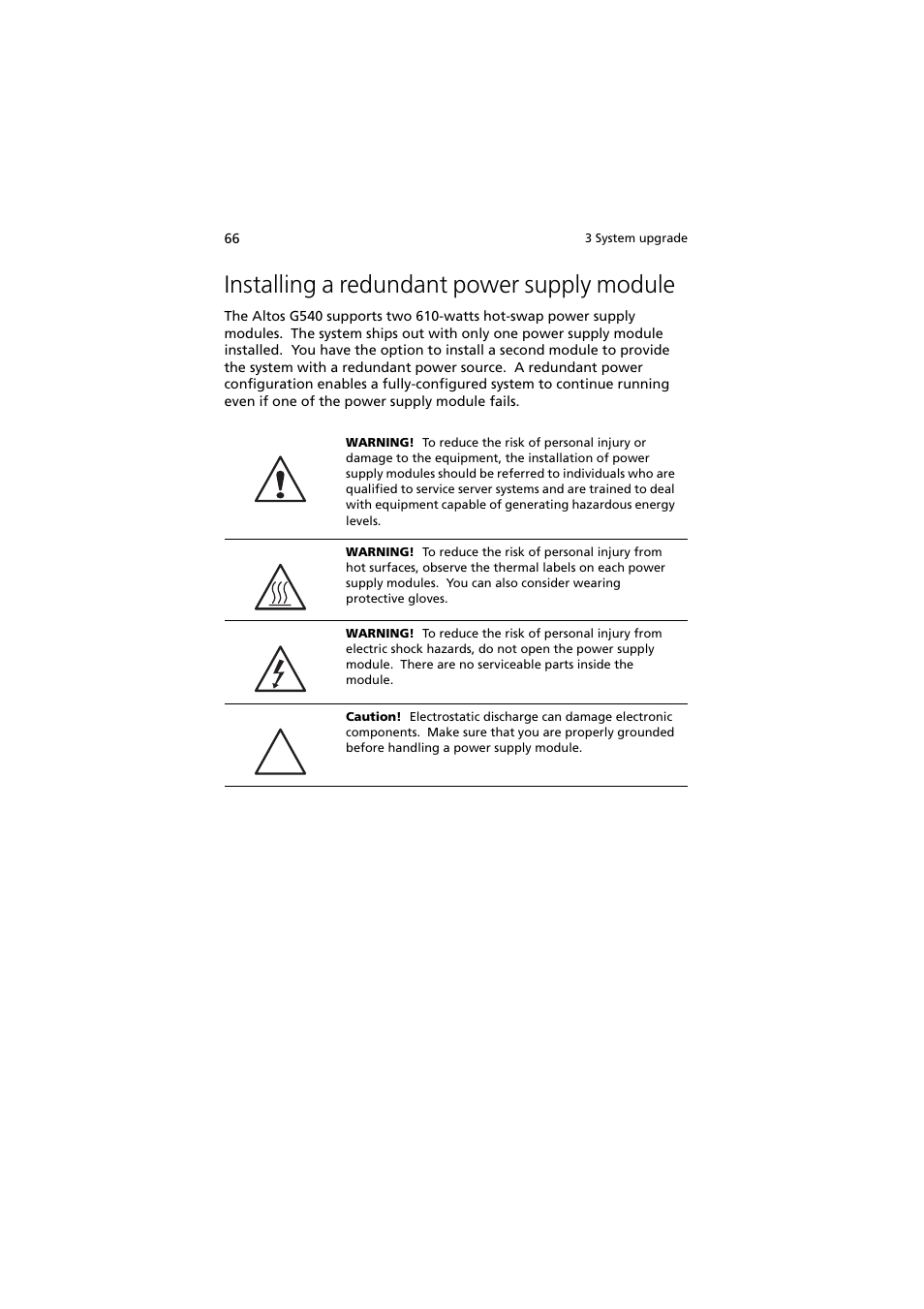Installing a redundant power supply module | Acer Altos G540 Series User Manual | Page 76 / 146