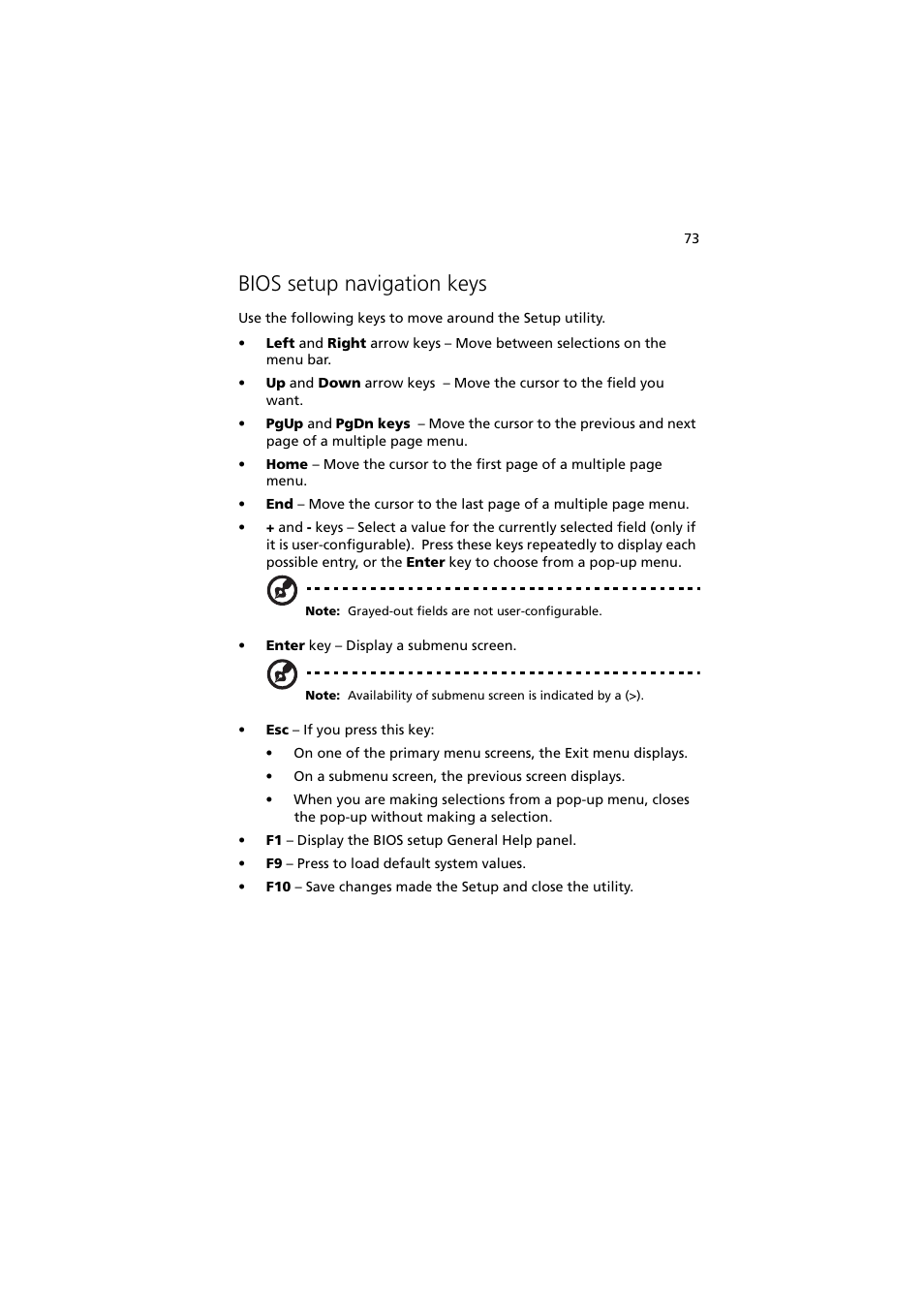 Bios setup navigation keys | Acer Altos G540 Series User Manual | Page 83 / 146