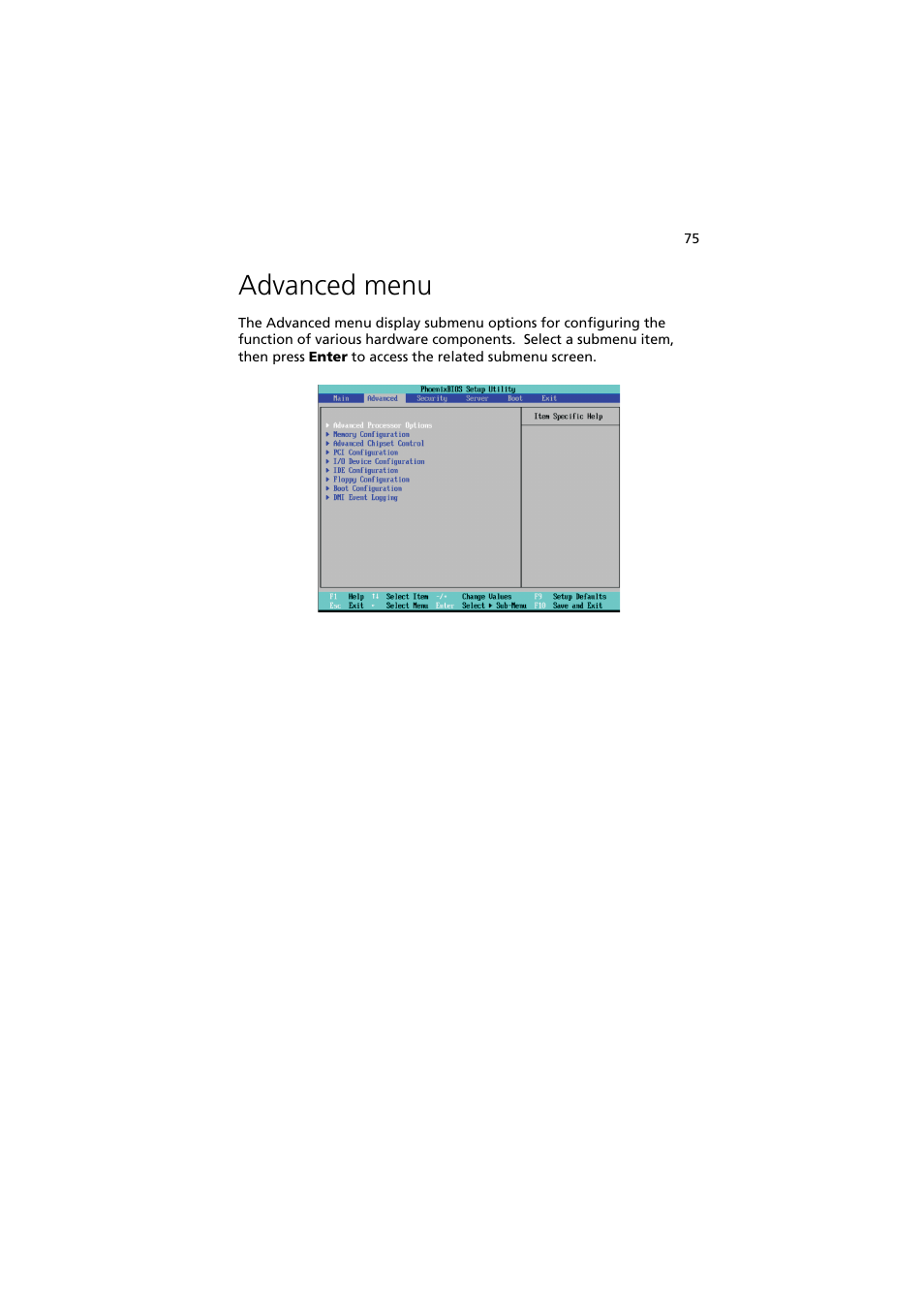Advanced menu | Acer Altos G540 Series User Manual | Page 85 / 146