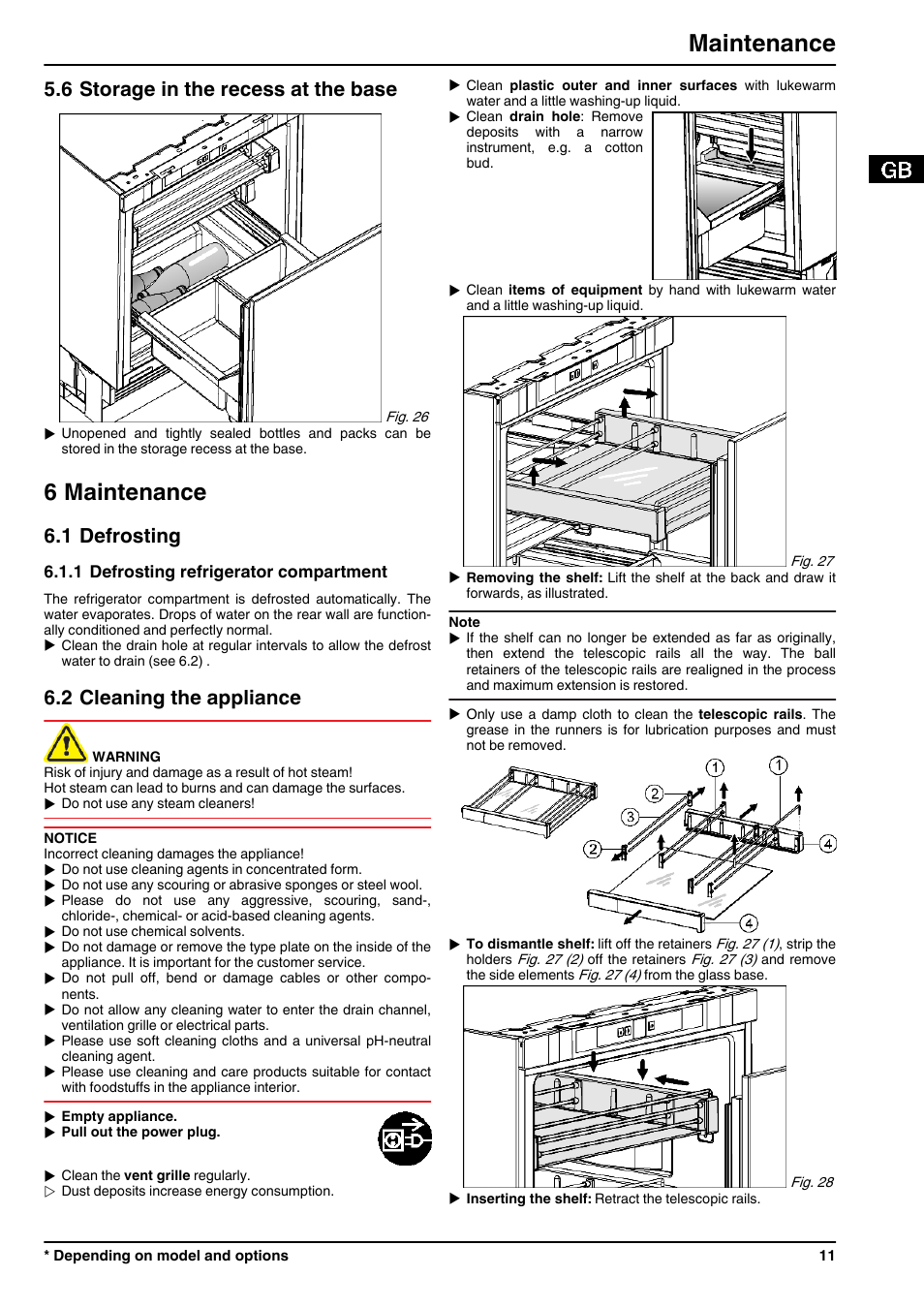 6storage in the recess at the base, 6maintenance, 1defrosting | 1defrosting refrigerator compartment, 2cleaning the appliance, 6 maintenance, Maintenance, 6 storage in the recess at the base, 1 defrosting, 2 cleaning the appliance | Liebherr UIK 1550 Premium User Manual | Page 11 / 14