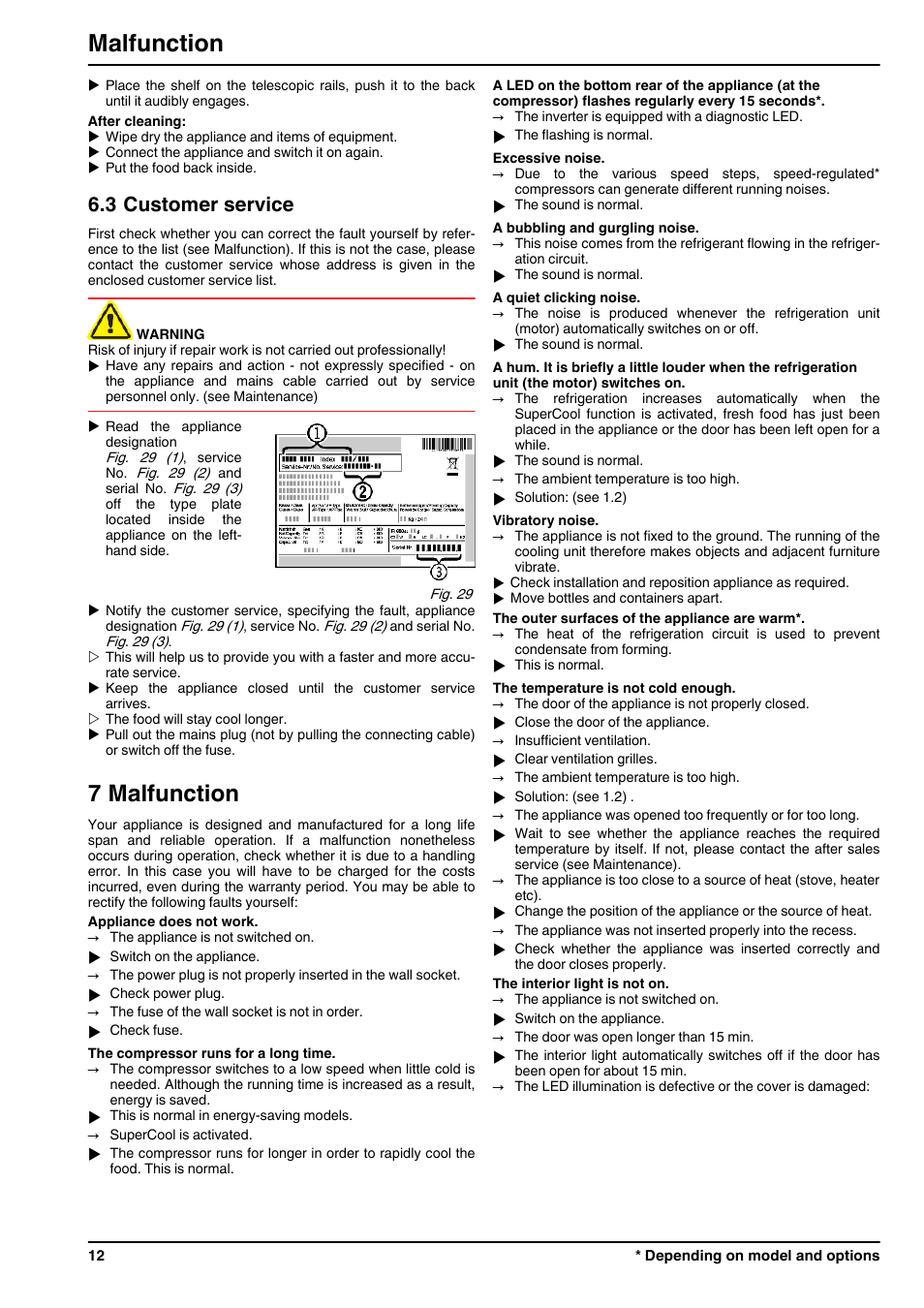 3customer service, 7malfunction, 7 malfunction | Malfunction, 3 customer service | Liebherr UIK 1550 Premium User Manual | Page 12 / 14