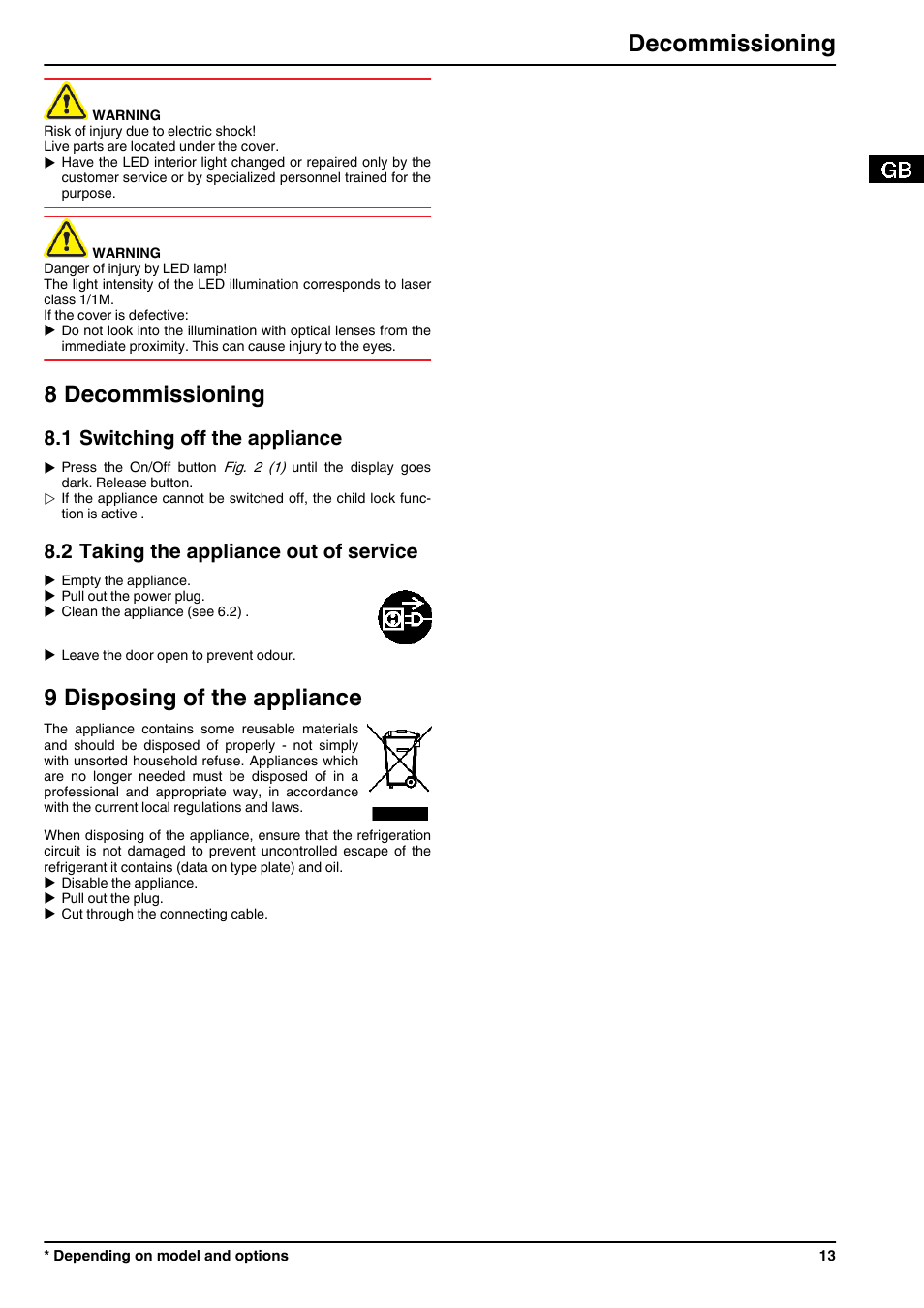 8decommissioning, 1switching off the appliance, 2taking the appliance out of service | 9disposing of the appliance, 8 decommissioning, 9 disposing of the appliance, Decommissioning, 1 switching off the appliance, 2 taking the appliance out of service | Liebherr UIK 1550 Premium User Manual | Page 13 / 14