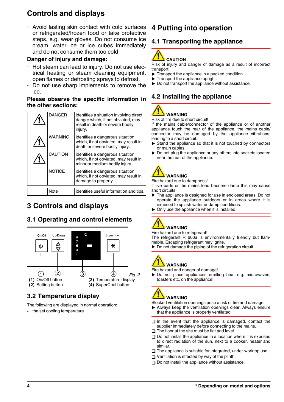 3controls and displays, 1operating and control elements, 2temperature display | 4putting into operation, 1transporting the appliance, 2installing the appliance, 3 controls and displays, 4 putting into operation, Controls and displays, 1 operating and control elements | Liebherr UIK 1550 Premium User Manual | Page 4 / 14