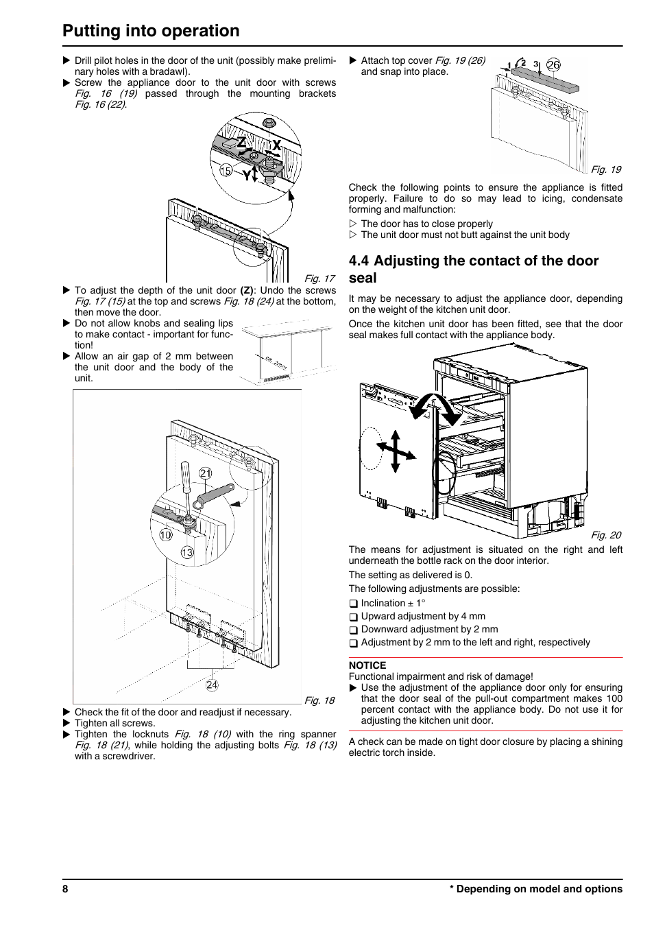 4adjusting the contact of the door seal, Putting into operation, 4 adjusting the contact of the door seal | Liebherr UIK 1550 Premium User Manual | Page 8 / 14