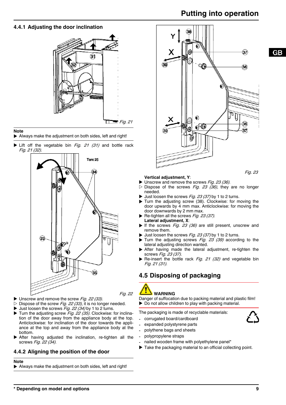 1adjusting the door inclination, 2aligning the position of the door, 5disposing of packaging | Putting into operation, 5 disposing of packaging | Liebherr UIK 1550 Premium User Manual | Page 9 / 14