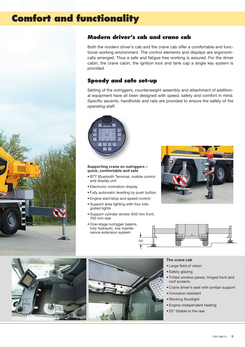 Comfort and functionality, Modern driver’s cab and crane cab, Speedy and safe set-up | Liebherr LTM 1060-3.1 User Manual | Page 9 / 16