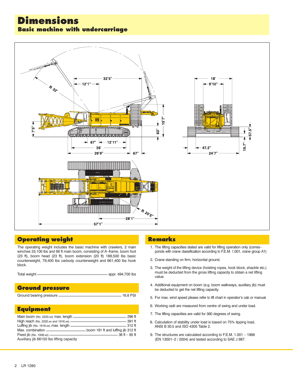 Dimensions, Operating weight, Ground pressure | Basic machine with undercarriage equipment, Remarks | Liebherr LR 1280 User Manual | Page 2 / 24