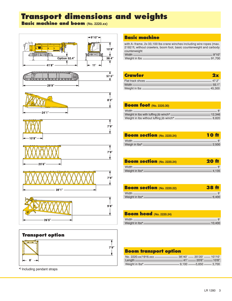 Transport dimensions and weights, Basic machine, Crawler 2x | 10 ft, 20 ft, 38 ft, Boom head, Basic machine and boom, Boom transport option, Transport option | Liebherr LR 1280 User Manual | Page 3 / 24