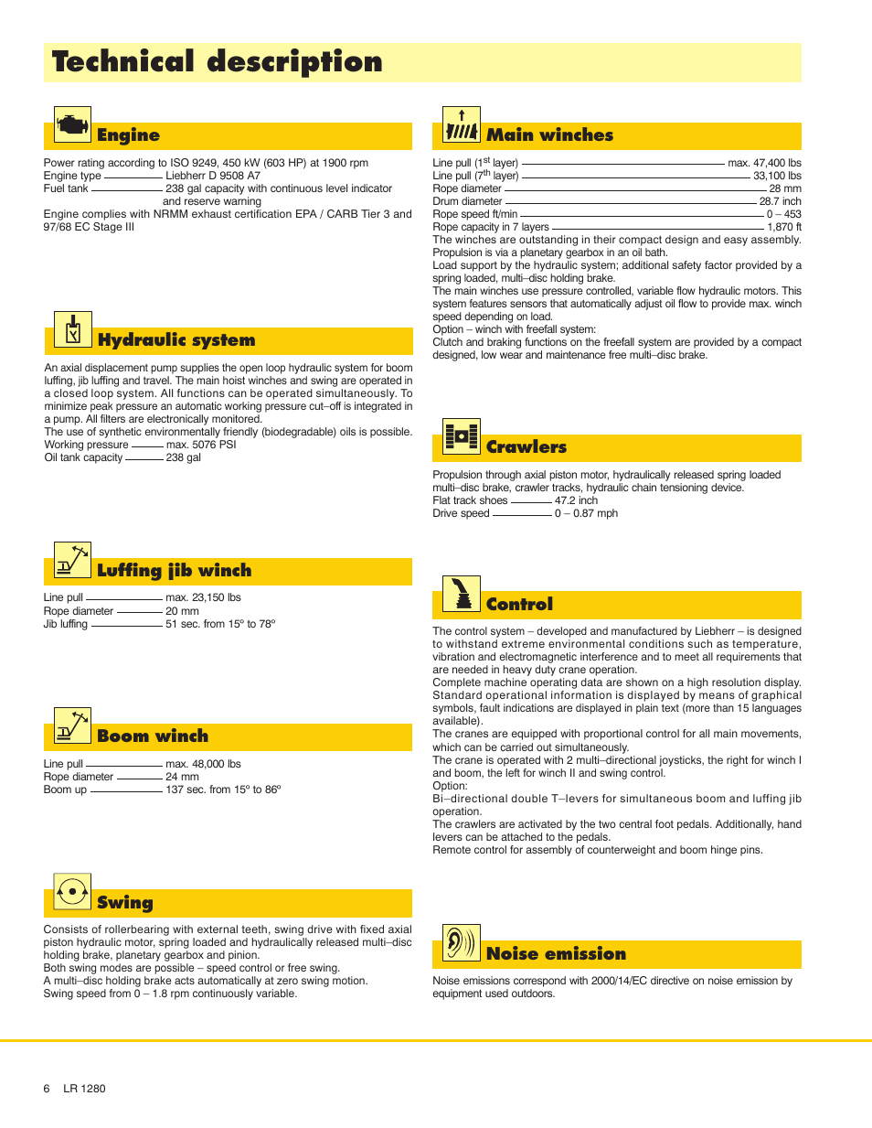 Technical description, Engine, Main winches | Luffing jib winch, Boom winch, Swing, Crawlers, Control, Noise emission, Hydraulic system | Liebherr LR 1280 User Manual | Page 6 / 24