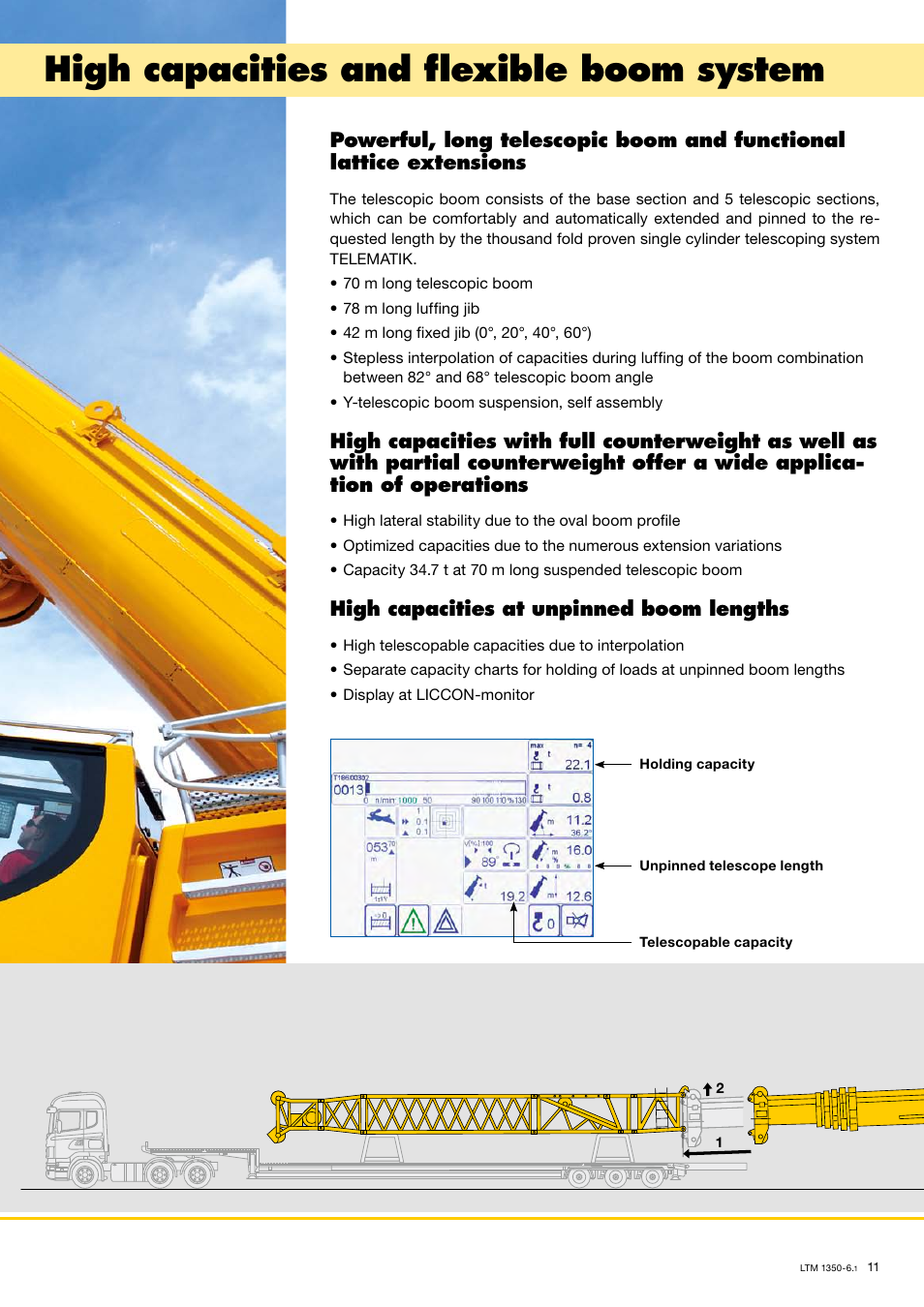 High capacities and flexible boom system, High capacities at unpinned boom lengths | Liebherr LTM 1350-6.1 User Manual | Page 11 / 18