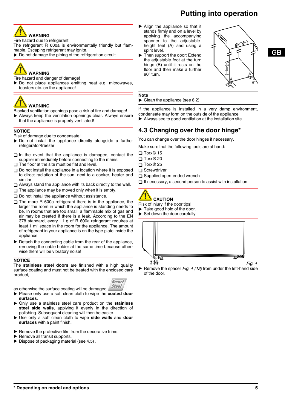 3changing over the door hinge, Putting into operation, 3 changing over the door hinge | Liebherr K 2734 Comfort User Manual | Page 5 / 12